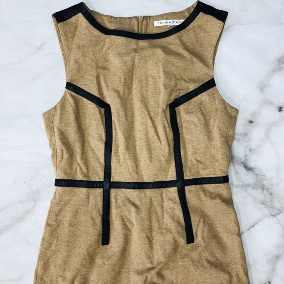 Trina Turk Beige Sheath Dress Faux Leather Piping Sleeveless Size 4 - Picture 3 of 6